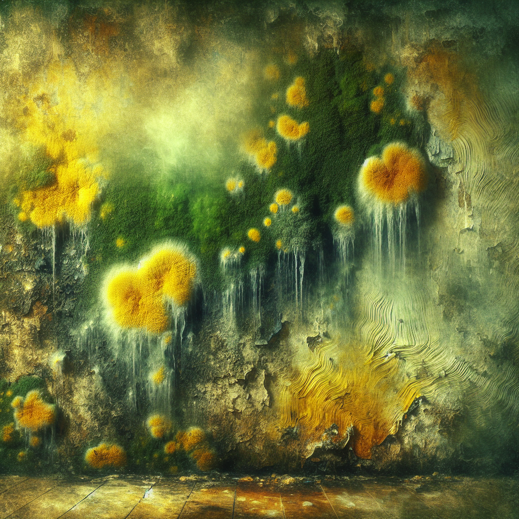 A vivid, close-up shot of bright yellow mold patches growing on a damp, textured wall in a dimly lit, neglected corner of a house. Subtle, abstract wavy lines or a faint green-brown haze emanate from the mold, visually representing an unpleasant, musty odor. The scene should convey an unhealthy and uninviting atmosphere.