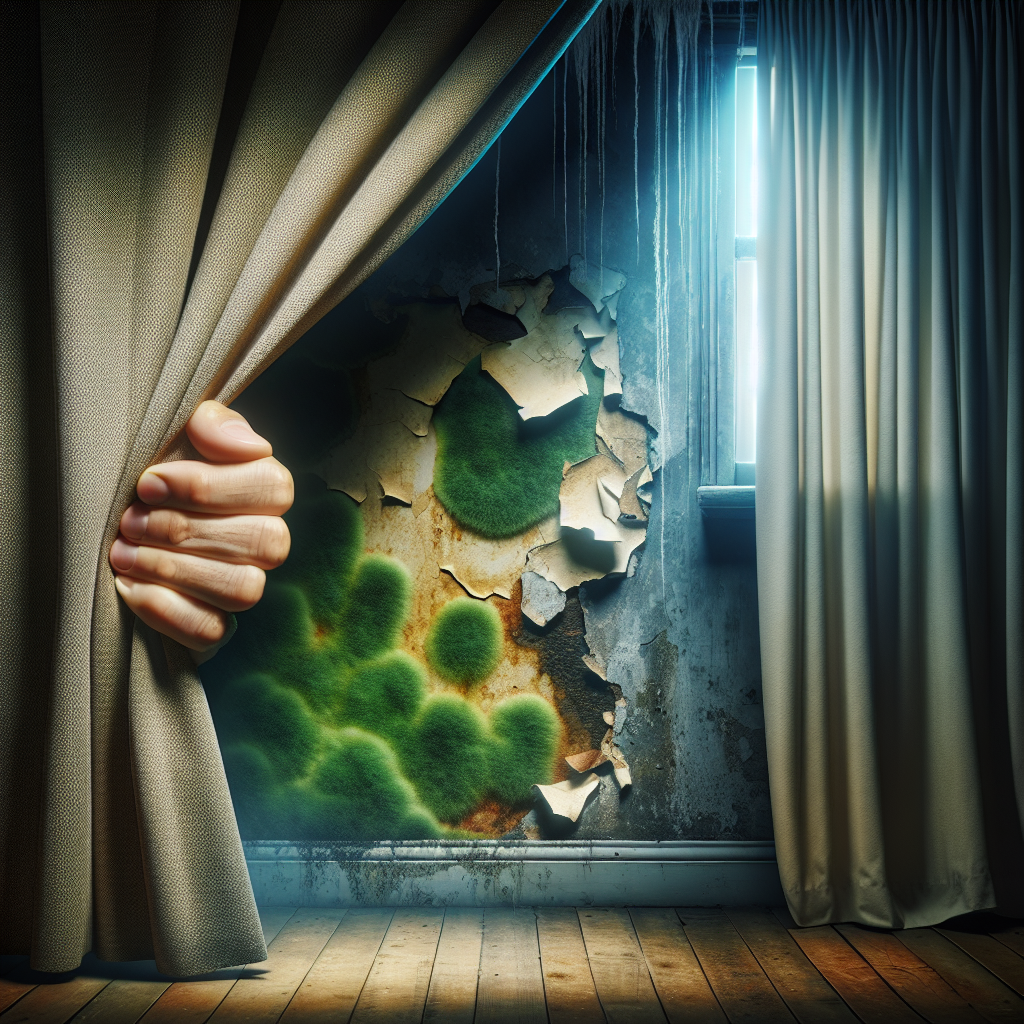 A conceptual image illustrating the detection of hidden mold. A human hand is cautiously pulling back a section of old, peeling wallpaper or a heavy curtain in a subtly damp and poorly lit room. Behind it, a dark, moist patch on the wall is partially revealed, with a faint, musty green mist swirling in the air around it, symbolizing the pervasive 'gelber Schimmel Geruch' (yellow mold smell).