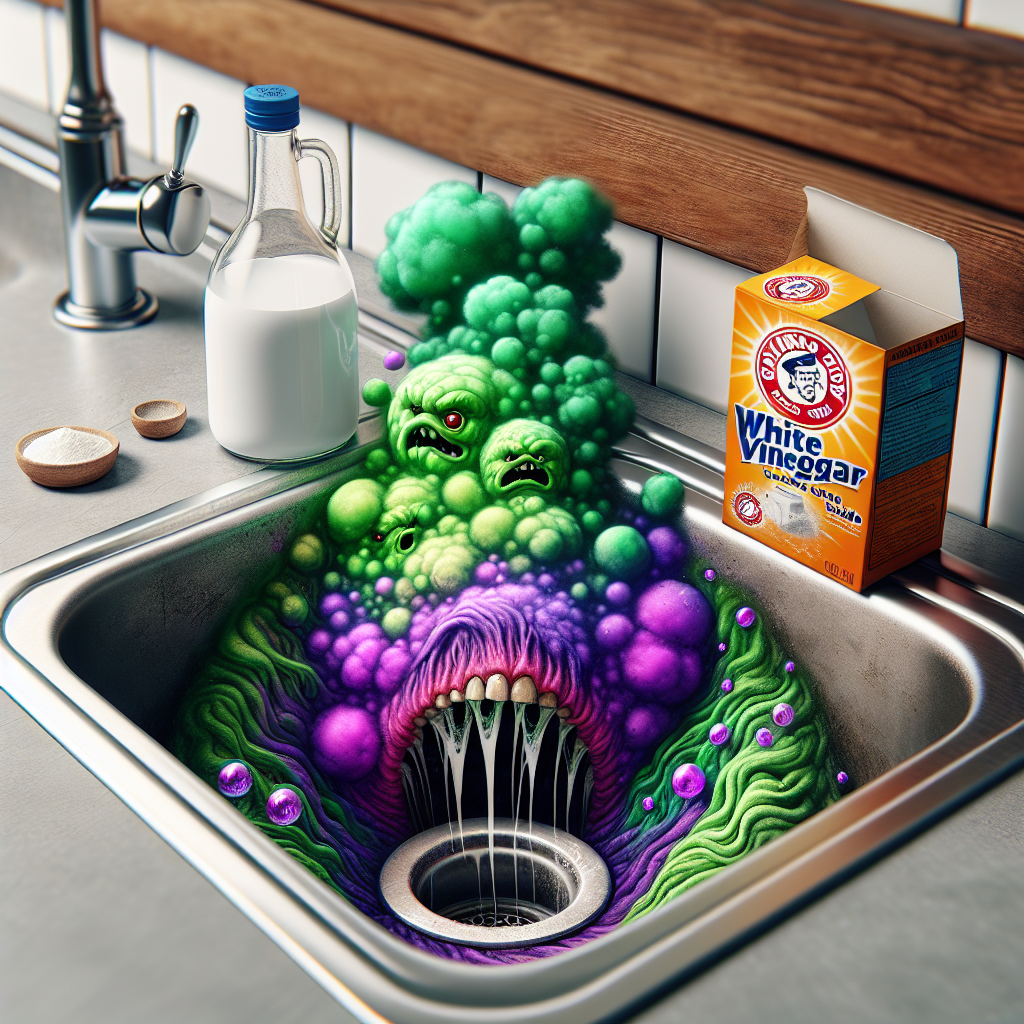 A close-up of a kitchen sink drain emitting cartoonish green and purple odor clouds. Next to the drain, a bottle of white vinegar and an open box of baking soda are ready, with subtle bubbles or a fizzing effect around the drain, suggesting a chemical reaction against the bad smell. The setting is slightly dim, highlighting the unpleasantness.