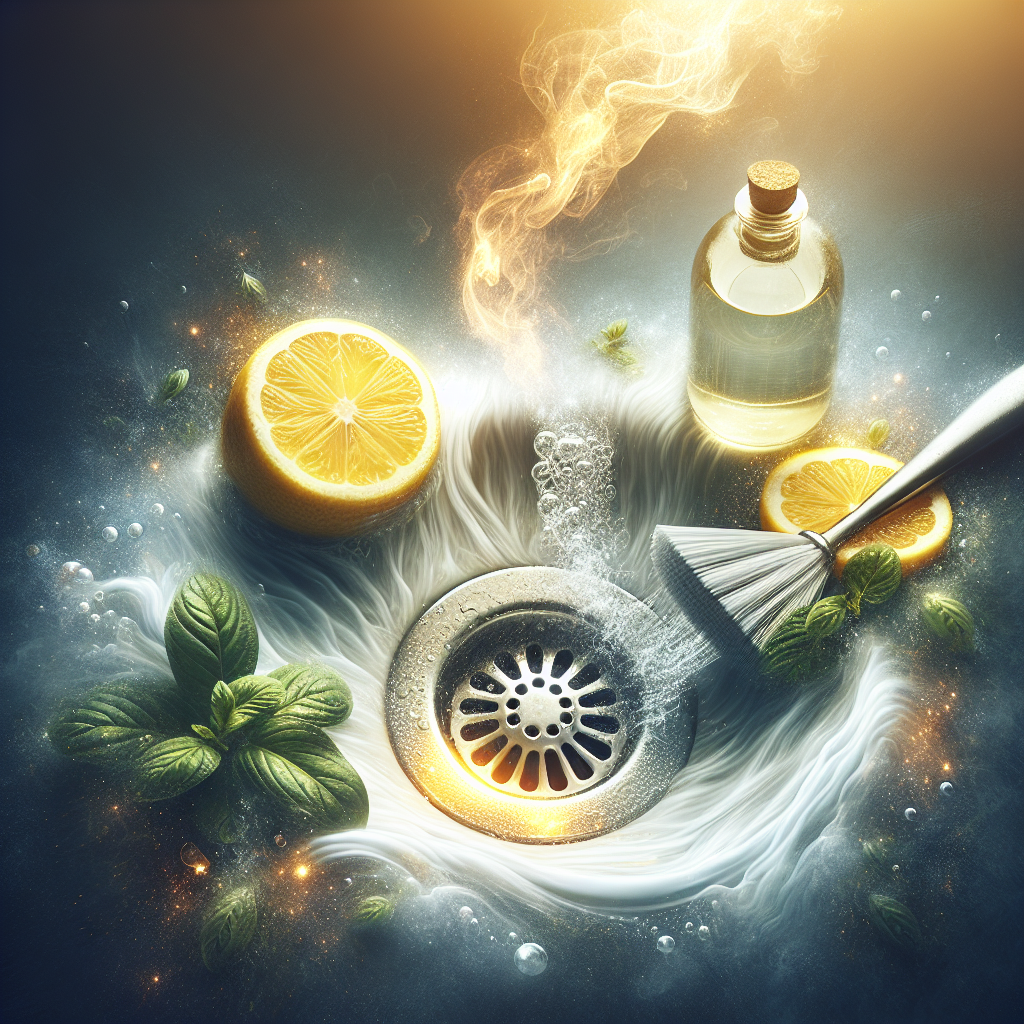 A sparkling clean bathroom sink drain with subtle steam rising from it, conveying freshness and hot water. A sliced lemon and a neatly arranged bottle of white vinegar are placed on the edge of the sink, symbolizing natural cleaning and a pleasant aroma. The scene is bright, fresh, and inviting, with soft, natural light.