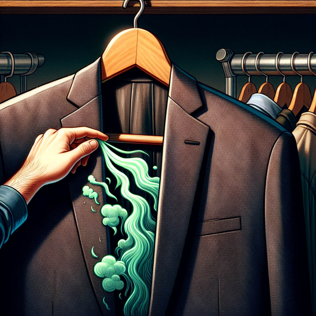 A dark suit jacket hangs on a wooden hanger, with subtle, stylized green odor clouds visibly emanating from its armpit area. A person's hand, looking slightly disgusted, is tentatively sniffing the suit. The background is a slightly messy, realistic closet, emphasizing the problem of a bad-smelling suit. Realistic photo, slightly dramatic lighting.