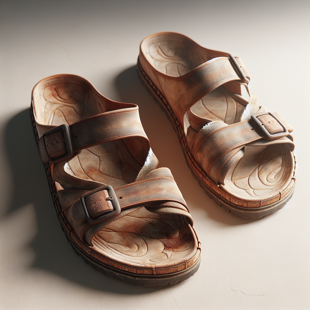 A pair of well-worn Birkenstock sandals resting on a clean, light surface. The footbeds are visibly dark and stained from extensive use, subtly implying an unpleasant odor. Natural light illuminates the scene, highlighting the textures of leather and cork. Photorealistic.