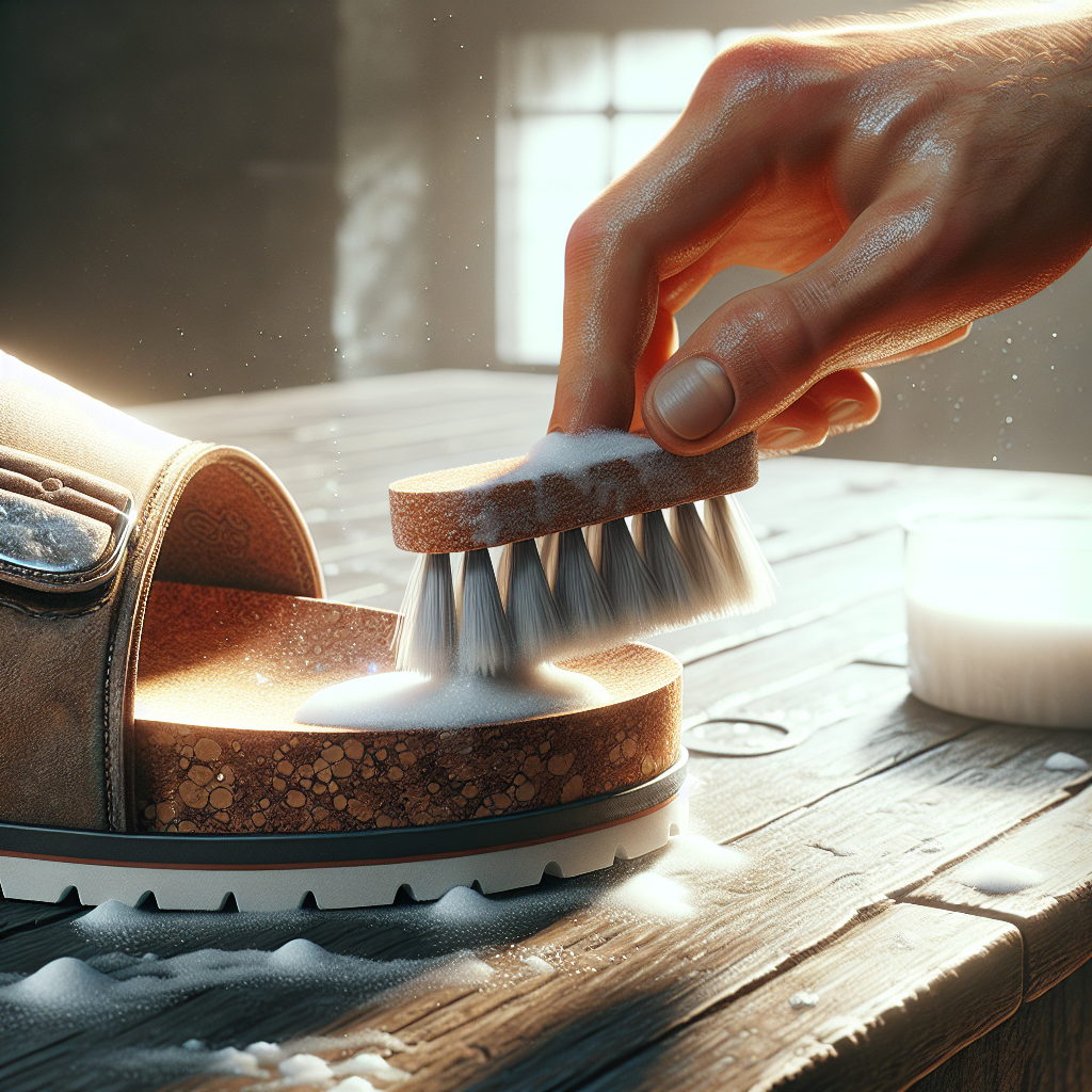 A close-up of a hand gently cleaning the cork footbed of a Birkenstock sandal with a soft brush, using a mixture of baking soda and water. Small suds or a fine white paste are visible on the footbed, indicating the cleaning process. The scene is bright, clean, and well-lit, conveying freshness and care. Photorealistic.