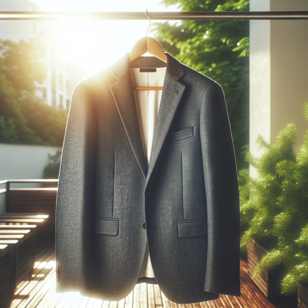 A stylish, high-quality wool blazer hanging outdoors on a rustic wooden hanger, gently swaying in a light, refreshing breeze. The background shows a blurred, sunlit balcony or green garden, emphasizing fresh air and natural odor removal. The blazer looks clean, crisp, and revitalized. Professional photography style, bright and inviting.