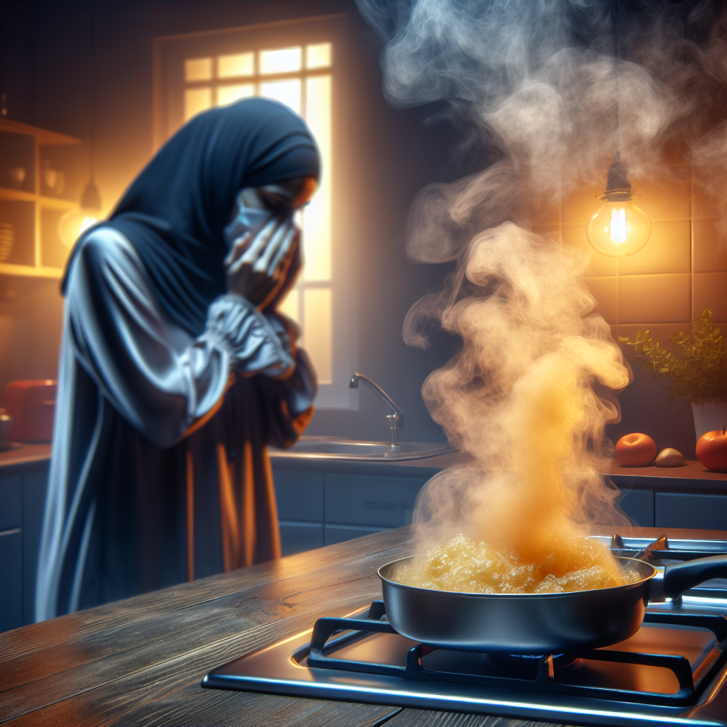 A cozy, modern kitchen at dusk, filled with a thick, greasy, yellowish-brown haze of frying smoke and odor emanating from a frying pan on a stove. The air looks heavy and unpleasant, with visible fumes lingering. A person in the background looks slightly exasperated, fanning the air or subtly holding their nose, conveying discomfort. Realistic photo, shallow depth of field.