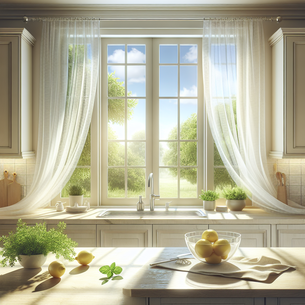 A bright, airy kitchen interior, sparkling clean and filled with fresh air. Sunlight streams through an open window, showing a clear sky and green nature outside. Light, sheer curtains gently sway, suggesting a refreshing breeze. On a pristine countertop, a bowl of fresh lemons and sprigs of mint or basil. The overall atmosphere is one of cleanliness, freshness, and calm, after successfully removing unpleasant odors. Realistic photo, vibrant and crisp.