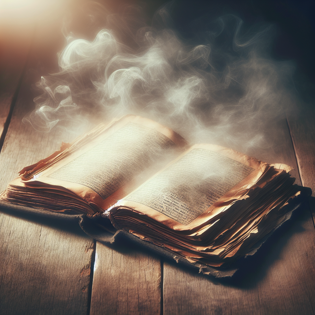 Close-up of an old, worn book with slightly yellowed pages, lying on a distressed wooden table. A subtle, hazy, grayish 'smell' aura is visibly rising from its open pages, suggesting unpleasant odors like mould or old smoke. Dim, atmospheric lighting, realistic photography.