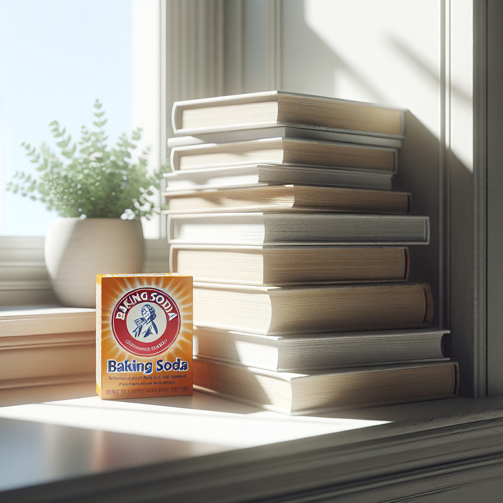 A stack of diverse, clean books, some with crisp, bright white pages, sitting on a sunlit windowsill. A small, open box of baking soda is subtly placed nearby, slightly out of focus. The scene is bright, airy, and inviting, symbolizing freshness and renewal. Realistic photography.