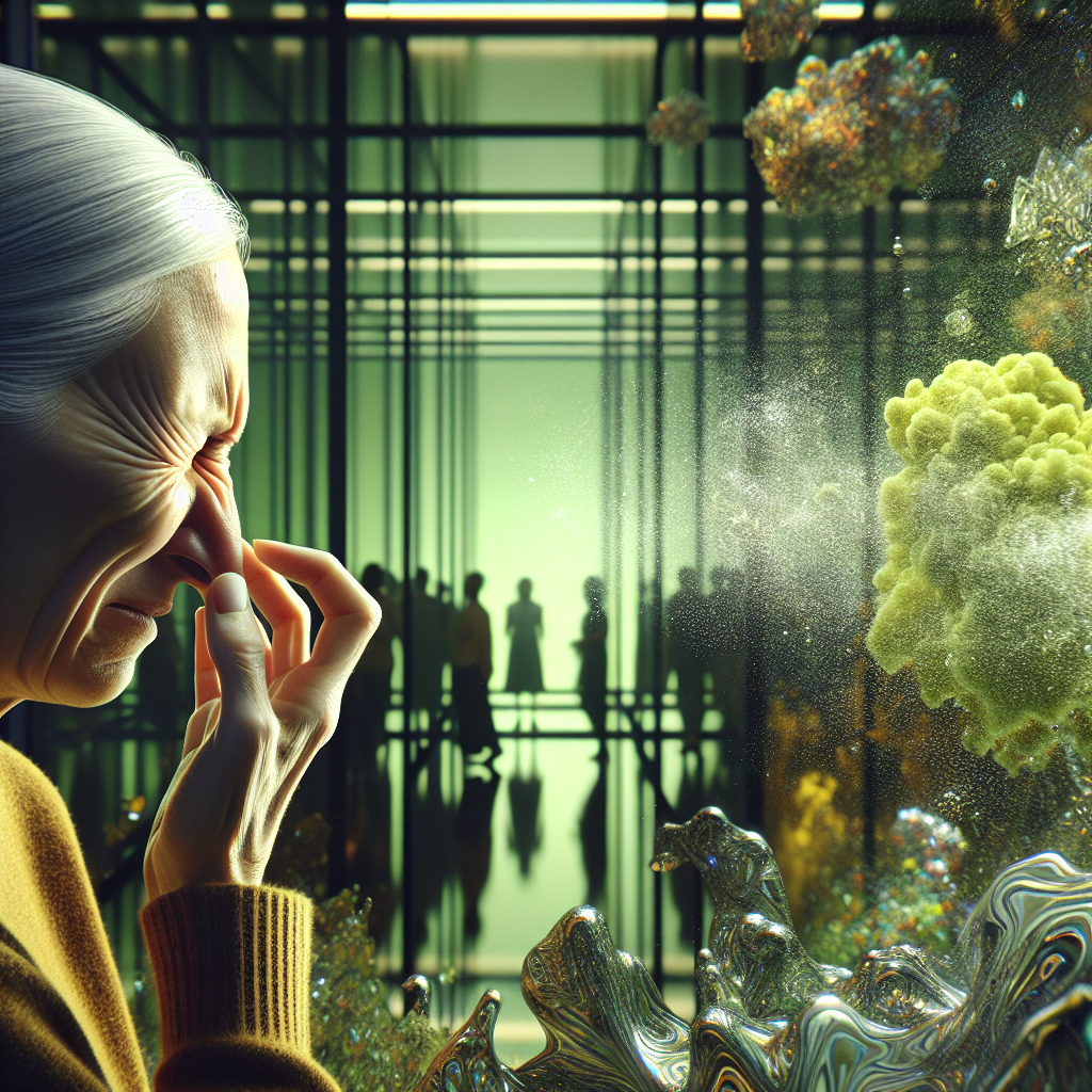 A highly detailed, photorealistic image depicting a room permeated by an invisible but palpable foul odor. Subtle, hazy green-yellow waves of unpleasantness emanate from a small, dark liquid spill on the floor, causing a person in the background to visibly recoil, holding their nose with a disgusted expression. The atmosphere is oppressive and uncomfortable, hinting at the smell of rancid butter. Gloomy, dim lighting enhances the sense of discomfort.