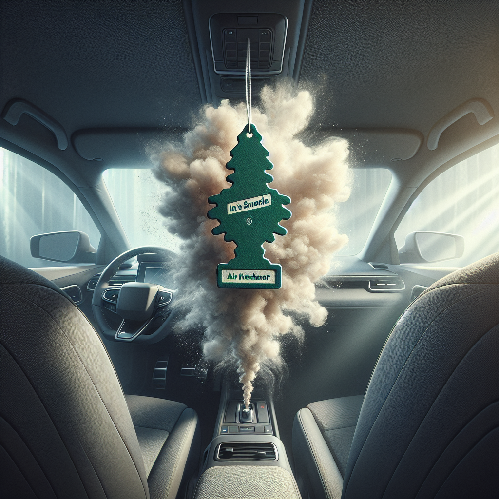 A small, iconic car air freshener (like a 'little tree') hanging in a car interior, emitting an exaggerated, almost visible cloud of overwhelming, unpleasant scent that seems to permeate the entire space. The car interior looks slightly stifled. Realistic photo, dramatic lighting, emphasizing the persistent nature of the smell.