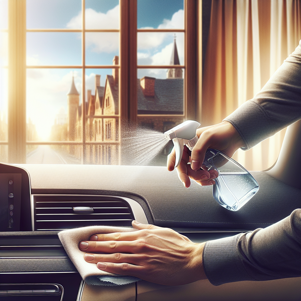 A person's hands actively cleaning a car's dashboard or a room's surface with a spray bottle and cloth, next to an open window allowing bright sunlight and fresh air to stream in. The scene conveys a sense of relief, cleanliness, and the successful removal of a strong, unwanted odor. Realistic photo, bright and airy atmosphere.