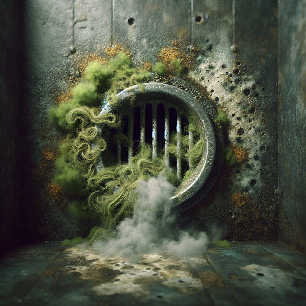 A close-up, realistic photo of a dirty, neglected shower drain in an old bathroom. A thick, unpleasant green-brown cloud of foul odor visibly rises from the clogged drain, which is filled with tangled hair and soap scum. Mold spots are visible on the surrounding grout lines, emphasizing the unsanitary conditions and bad smell. Dark and uninviting atmosphere.