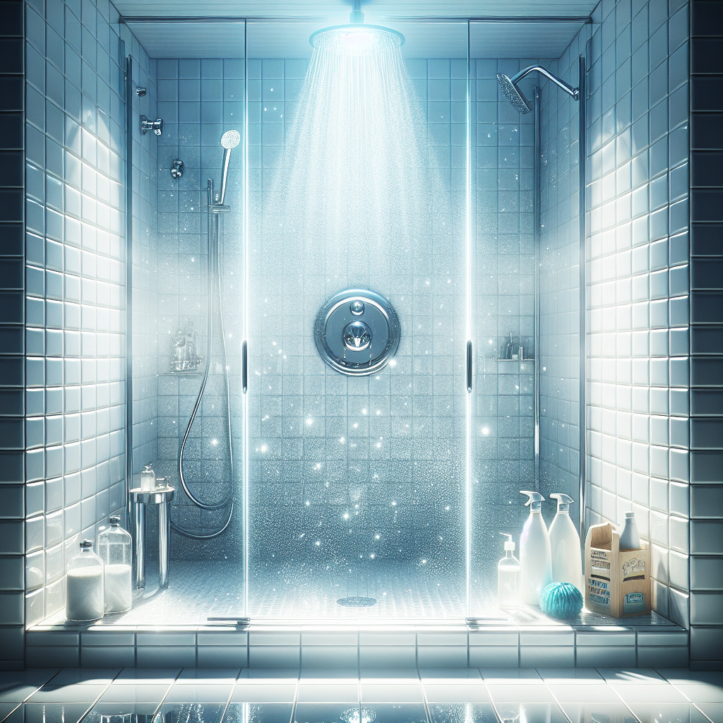 A bright, realistic photo of a sparkling clean and fresh-smelling shower cabin. The white tiles and glass walls are spotless and gleaming. The chrome shower head and drain are polished and reflective. A subtle, airy, fresh mist or light aura emanates from the shower area, conveying cleanliness and a pleasant scent. A bottle of cleaning vinegar and a box of baking soda are neatly arranged on a shelf in the foreground, suggesting effective cleaning solutions. Inviting and hygienic atmosphere.