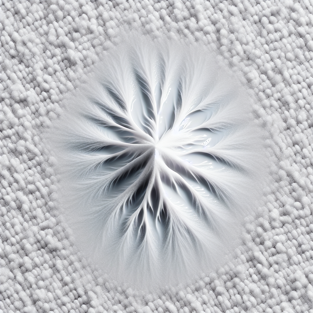 A close-up of a soft, light-colored carpet or upholstery fabric with a subtle, faint wet mark. Translucent, slightly greyish wavy lines emanate from the mark, symbolizing a persistent, unpleasant odor. The surrounding area is clean and well-lit, emphasizing the hidden nature of the smell. Professional, clean photography style.