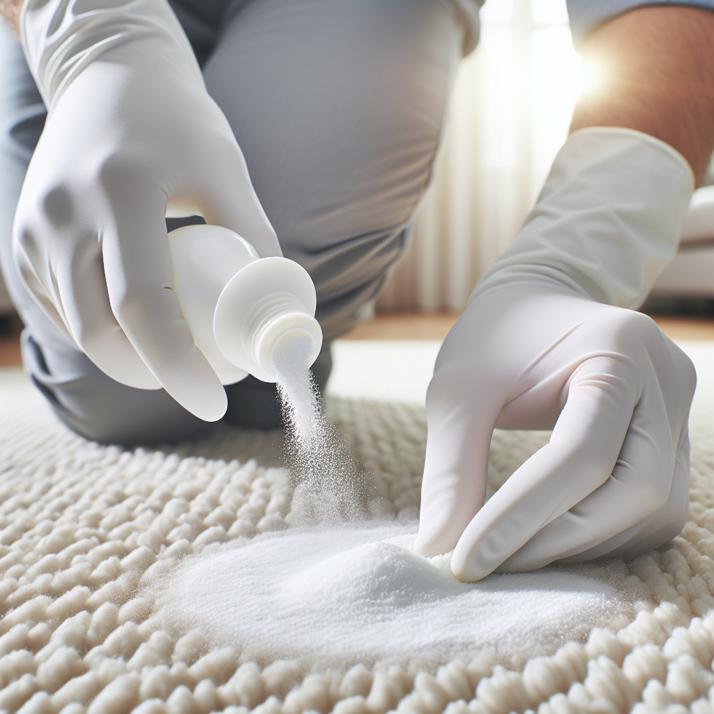A pair of hands wearing gloves gently sprinkling a generous amount of white powder (like baking soda or Natron) onto a previously cleaned, slightly damp spot on a light-colored carpet. The scene is bright and clean, suggesting effective odor neutralization and the start of freshness. Professional, helpful atmosphere, close-up shot.