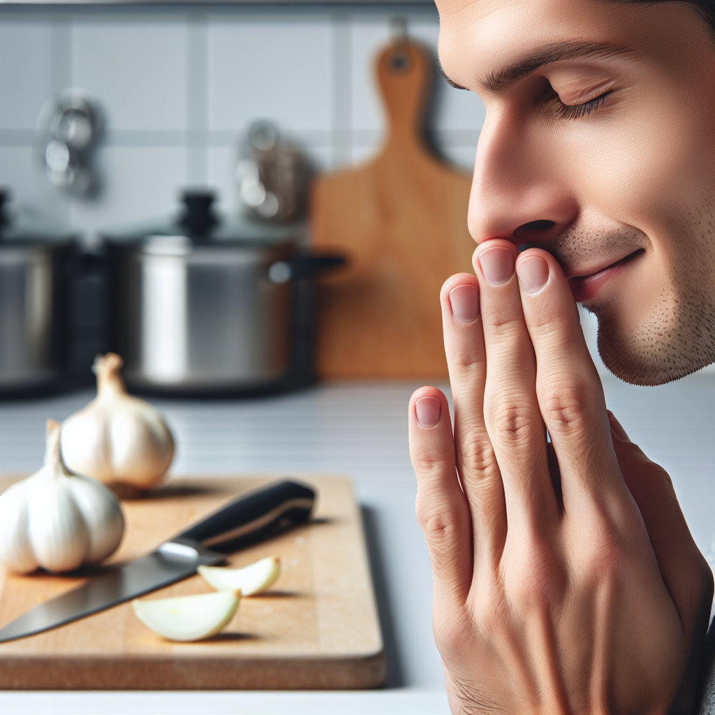 Close-up of a person's hands, fingers subtly near their nose, with a slight expression of mild displeasure or confusion, indicating an unpleasant smell. In the background, out of focus, are cooking ingredients like chopped garlic and onion on a cutting board in a clean kitchen. Realistic photography, natural lighting.
