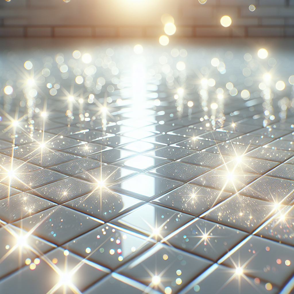 Bright and clean close-up of sparkling floor tiles with pristine white grout in a bathroom or kitchen setting. The tiles are gleaming, reflecting abundant, fresh light, with a subtle hint of cleanliness like gentle steam or a fresh, uplifting glow. A vibrant, inviting atmosphere.