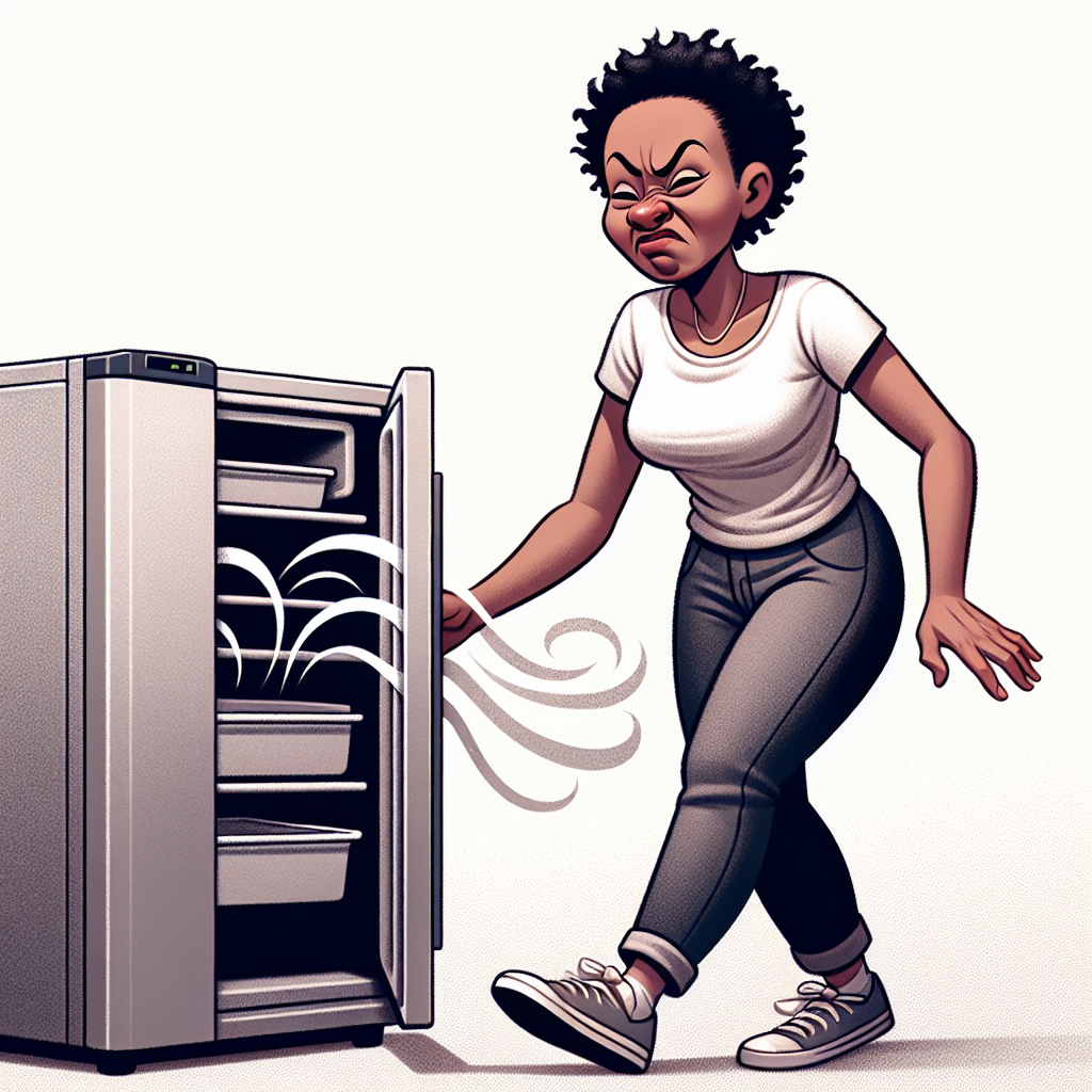 A person with a slightly disgusted expression, recoiling as they open a freezer door, from which a subtle, unpleasant vapor or abstract scent lines emanate, hinting at a bad odor. The freezer is a typical modern home appliance. Realistic photography style.