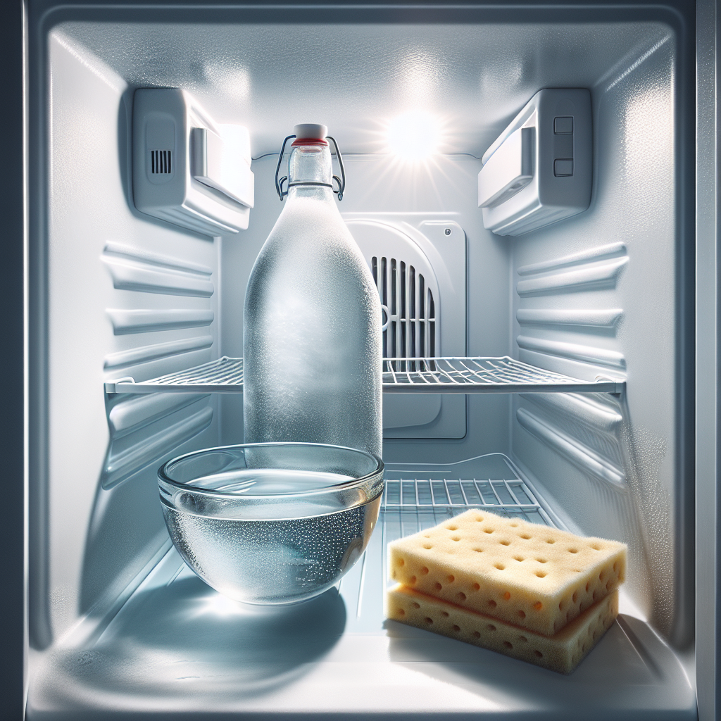 Close-up shot of the interior of a sparkling clean, empty freezer, with a small bowl containing a mixture of water and vinegar and a clean sponge or cloth placed inside. The scene emphasizes freshness and the cleaning process. Bright, clean aesthetic, realistic photography.