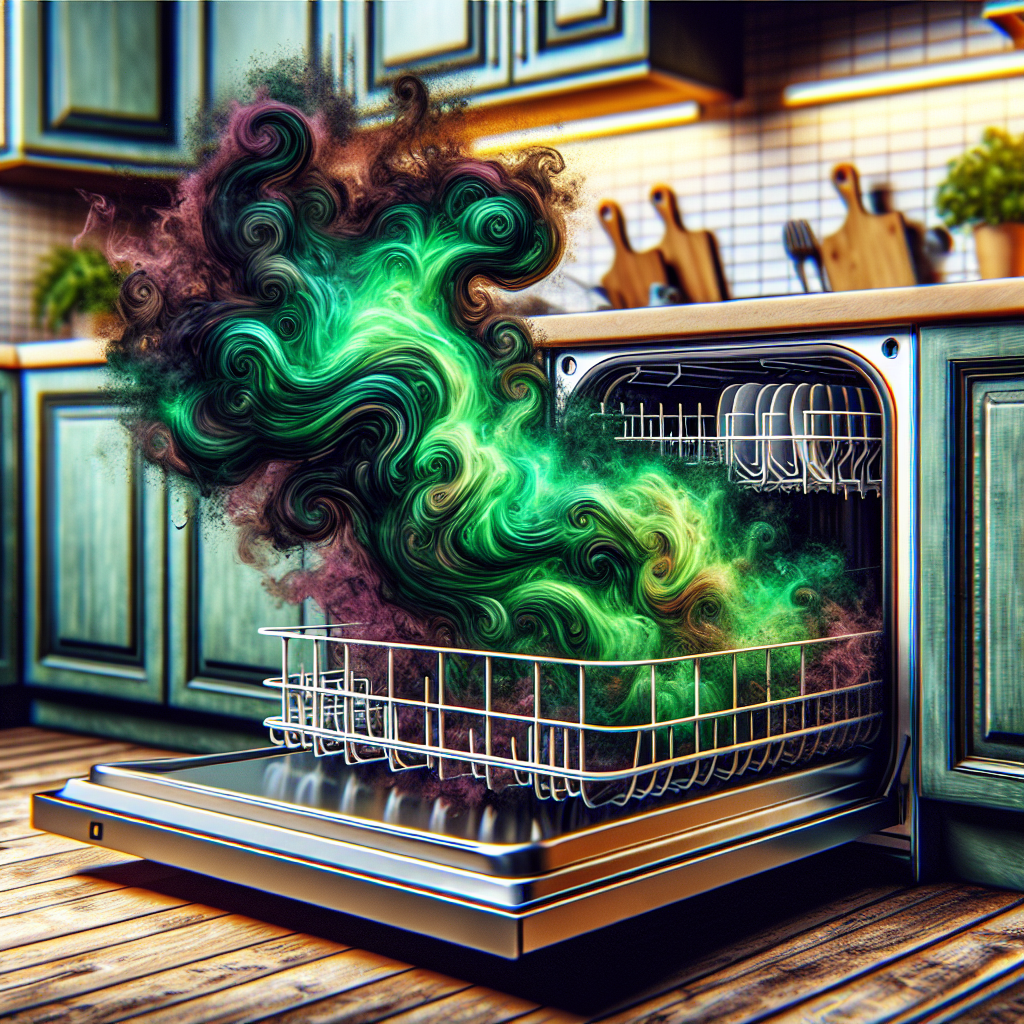 A dramatic, realistic photograph of an open dishwasher with visibly unpleasant, dark green and brown fumes swirling out of its interior. The scene conveys a strong, bad smell emanating from the machine. The kitchen background is slightly blurred.