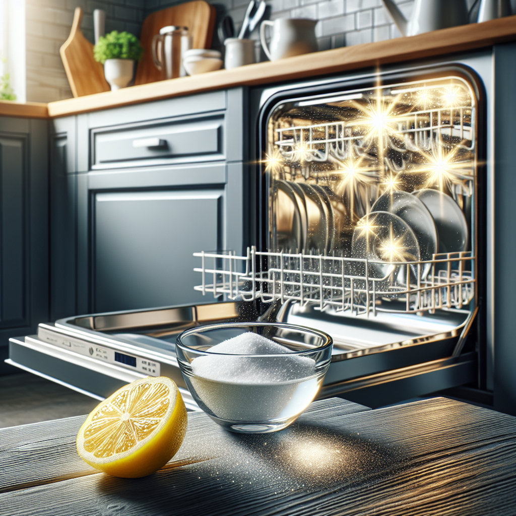 A bright, realistic photograph of an open, sparkling clean dishwasher interior, gleaming under a soft, fresh light. A bowl of baking soda and a sliced lemon are placed neatly on the countertop nearby, suggesting natural cleaning and freshness. The kitchen environment is tidy and inviting.