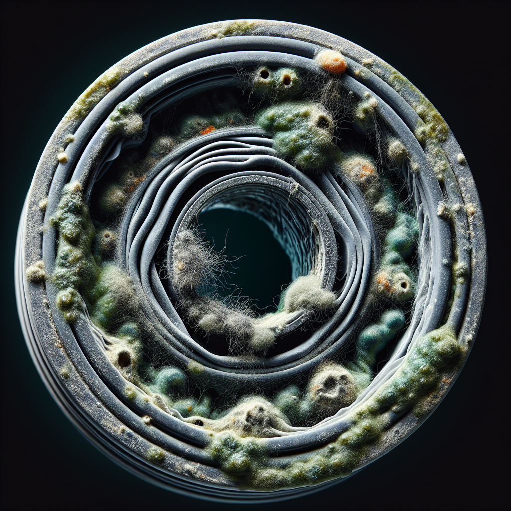 A close-up, macro shot of a dirty, mildew-covered rubber seal inside a washing machine. Dark, greenish-black mold and grime are clearly visible in the deep folds and crevices of the gray rubber, emphasizing a stale, unpleasant odor. The lighting is harsh, highlighting the unsanitary texture.