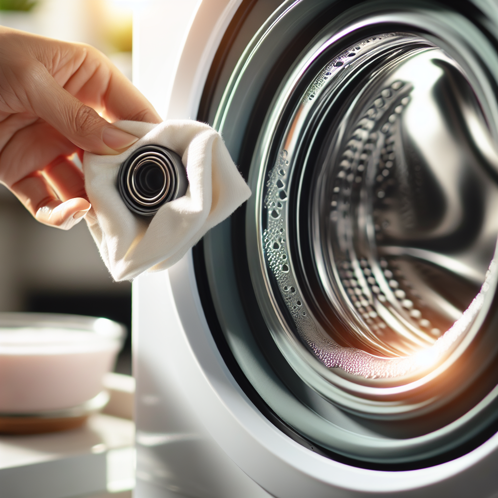 A bright, clean close-up of a sparkling washing machine rubber seal, freshly wiped. A hand holding a clean white cloth is gently finishing the cleaning motion, leaving the rubber looking spotless and new. In the soft-focused background, a small bowl of vinegar and a container of baking soda are subtly visible, symbolizing effective household remedies.