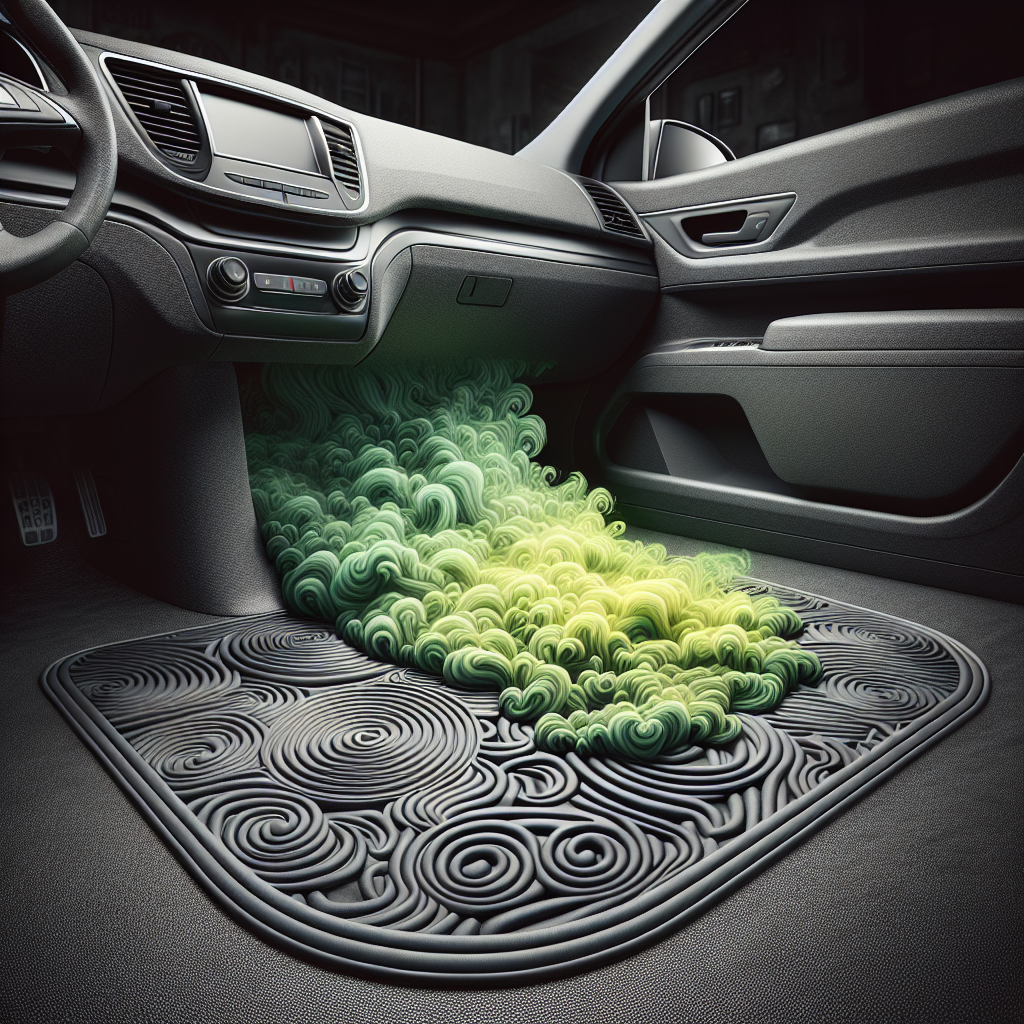 A dark grey rubber car mat in a modern car interior, with a swirling, unpleasant green-yellow odor cloud visibly emanating from it. The atmosphere feels stuffy and a little overwhelming. Detailed, realistic photography, focus on the mat and the symbolic smell.