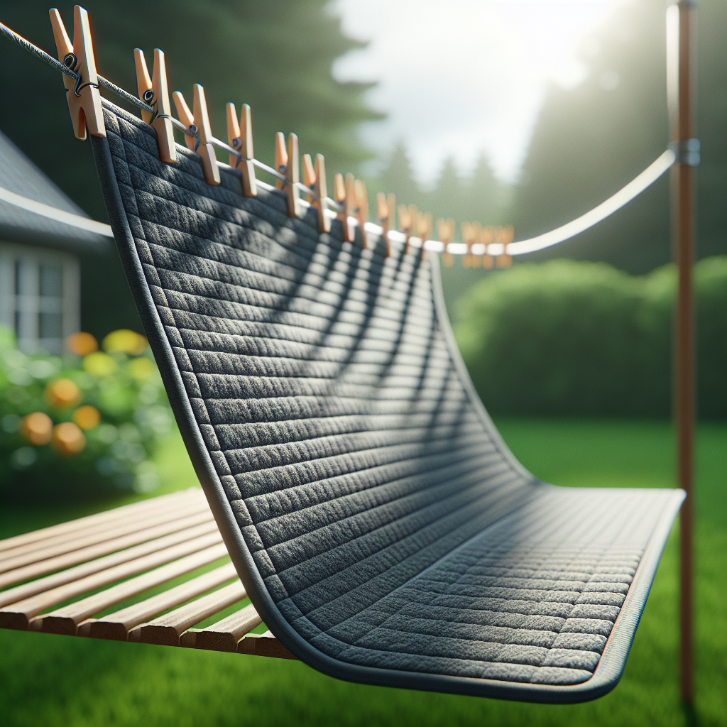 A clean dark grey rubber mat hanging on a clothesline outdoors, gently swaying in a fresh breeze. Sunlight illuminates it from the side, with a blurred background of a lush green garden or open sky. The scene evokes a feeling of freshness, cleanliness, and natural airing. Bright, optimistic photography.