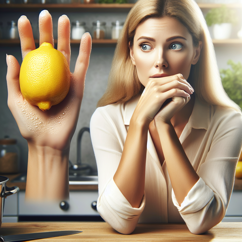 A pair of hands looking slightly bothered by an unseen odor after chopping onions, with a bright, fresh lemon glowing softly in the background, symbolizing a natural solution to lingering smells. Clean kitchen environment, bright lighting. photorealistic.