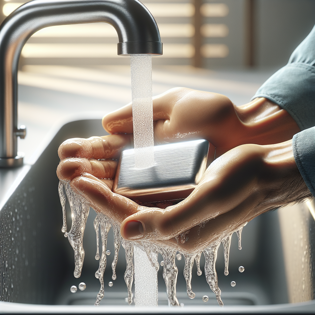 Close-up of hands gently rubbing a sleek, silver stainless steel 'soap' bar under a stream of clear water in a modern kitchen sink. The scene evokes cleanliness and an innovative way to remove odors. Bright, natural light. photorealistic.