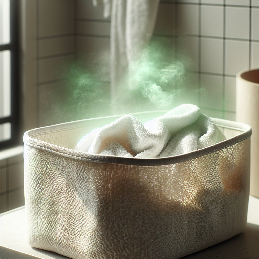 A close-up shot of a crumpled, slightly damp-looking white hand towel in a light-colored laundry basket, with a subtle, unpleasant greenish vapor emanating from it, suggesting a bad odor. The background is a softly blurred, clean modern bathroom. Realistic, slightly desaturated colors, conveying a sense of mild annoyance.