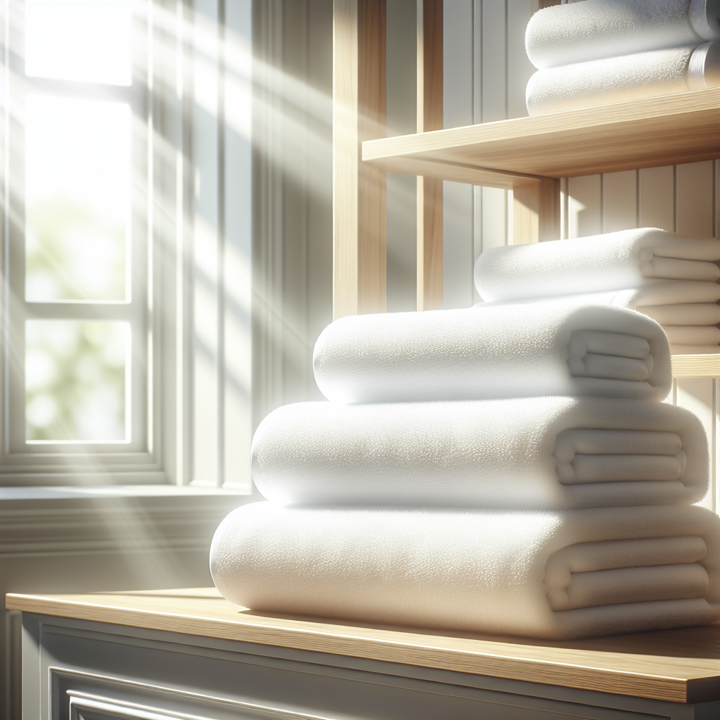 A stack of perfectly white, fluffy hand towels neatly folded on a clean wooden shelf in a bright, sunlit bathroom. Sunlight streams through a window, illuminating the towels and creating a warm, inviting atmosphere. A sense of crisp cleanliness and freshness is palpable. Realistic, bright and airy.