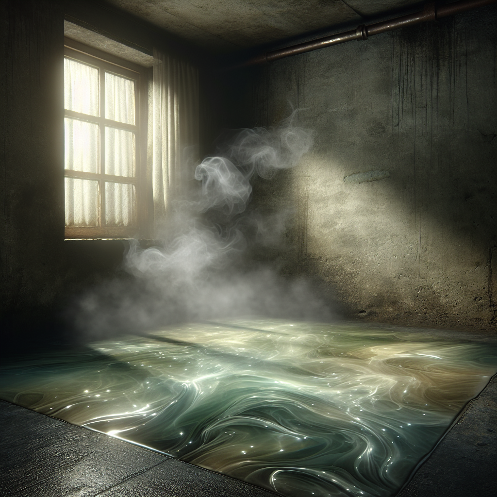 A dimly lit, slightly grimy basement corner. On the concrete floor, a subtle, iridescent sheen indicates an oil residue. Wavy, transparent, greenish-brown vapor lines subtly rise from the floor, visually representing a strong, unpleasant heating oil smell filling the air. A small, old window is slightly ajar, but the atmosphere remains heavy with the odor. Realistic, atmospheric.