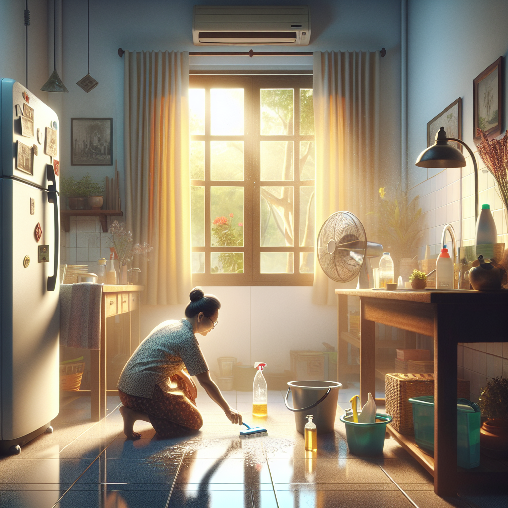 A well-lit, clean utility room or basement. Bright sunlight streams through a wide-open window, with a gentle breeze subtly moving curtains or indicating fresh air. In the foreground, a person is diligently wiping a small oil stain on the floor with a cleaning rag and a bucket of soapy water. A floor fan is visibly running in the background, pointed towards the open window to enhance ventilation. The atmosphere is fresh and productive, conveying active problem-solving. Realistic, bright, clean aesthetic.