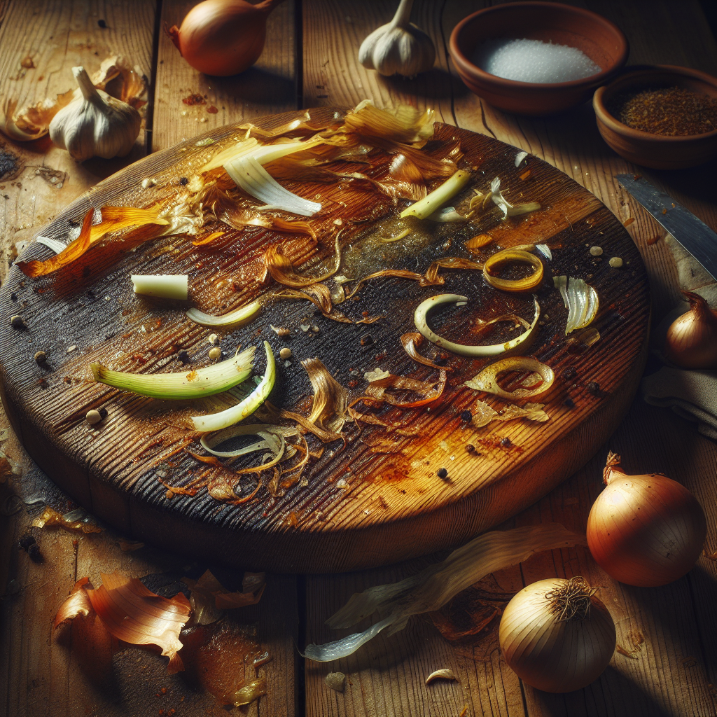 A close-up of a well-used wooden cutting board in a rustic kitchen. On the board are remnants of chopped strong-smelling foods like onion peels, garlic cloves, and a hint of fish residue. The board appears stained and in need of cleaning, conveying the challenge of stubborn odors. Soft, warm kitchen lighting, realistic style.