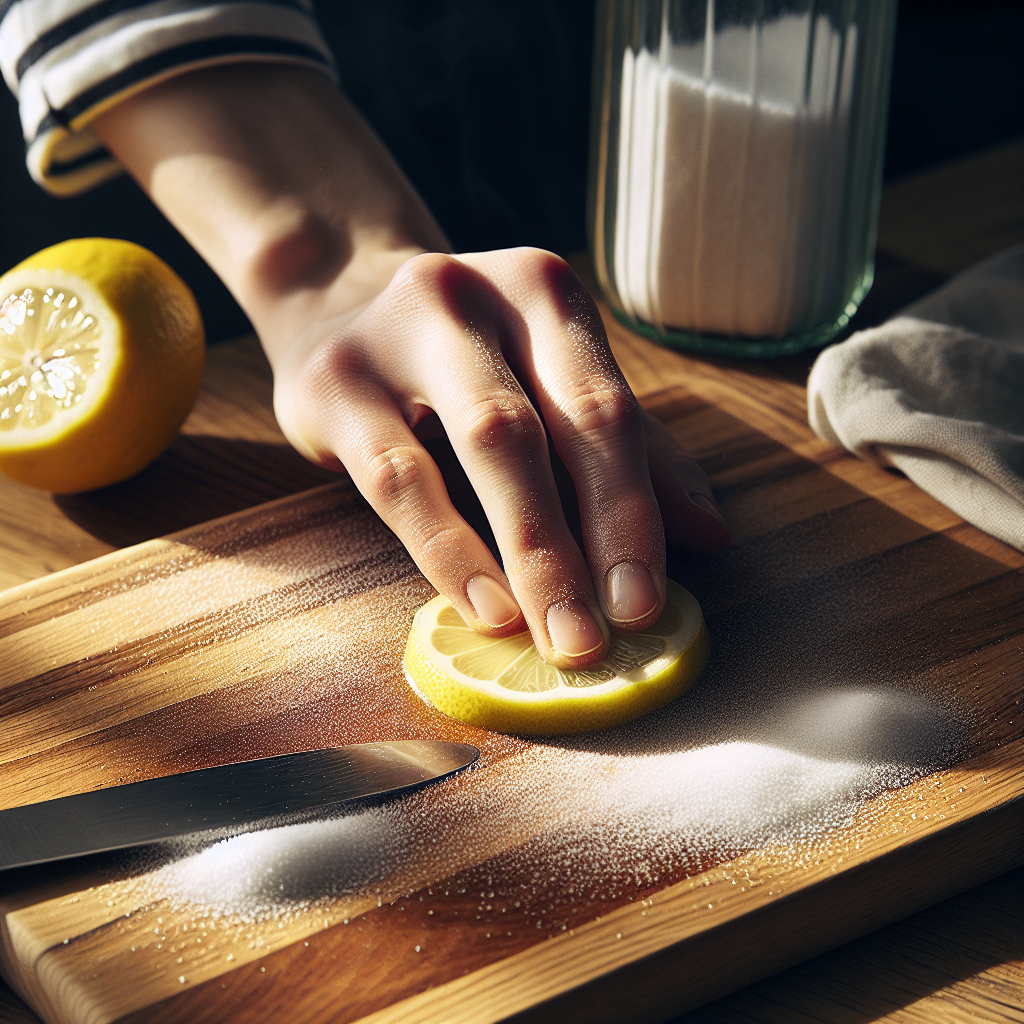 A close-up of a clean hand gently rubbing a halved lemon over a wooden cutting board covered with coarse salt. The board is slightly wet, and the action clearly depicts a natural cleaning and deodorizing method. Bright, natural kitchen light, focus on the texture and action, realistic photograph style.