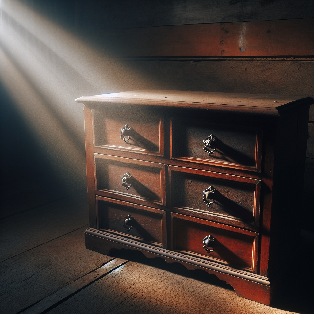 An old, antique wooden chest of drawers in a slightly dim room, subtly conveying a sense of stale or musty air around it. A single ray of soft light touches its surface, hinting at a potential for renewal and freshness. Realistic, warm lighting.