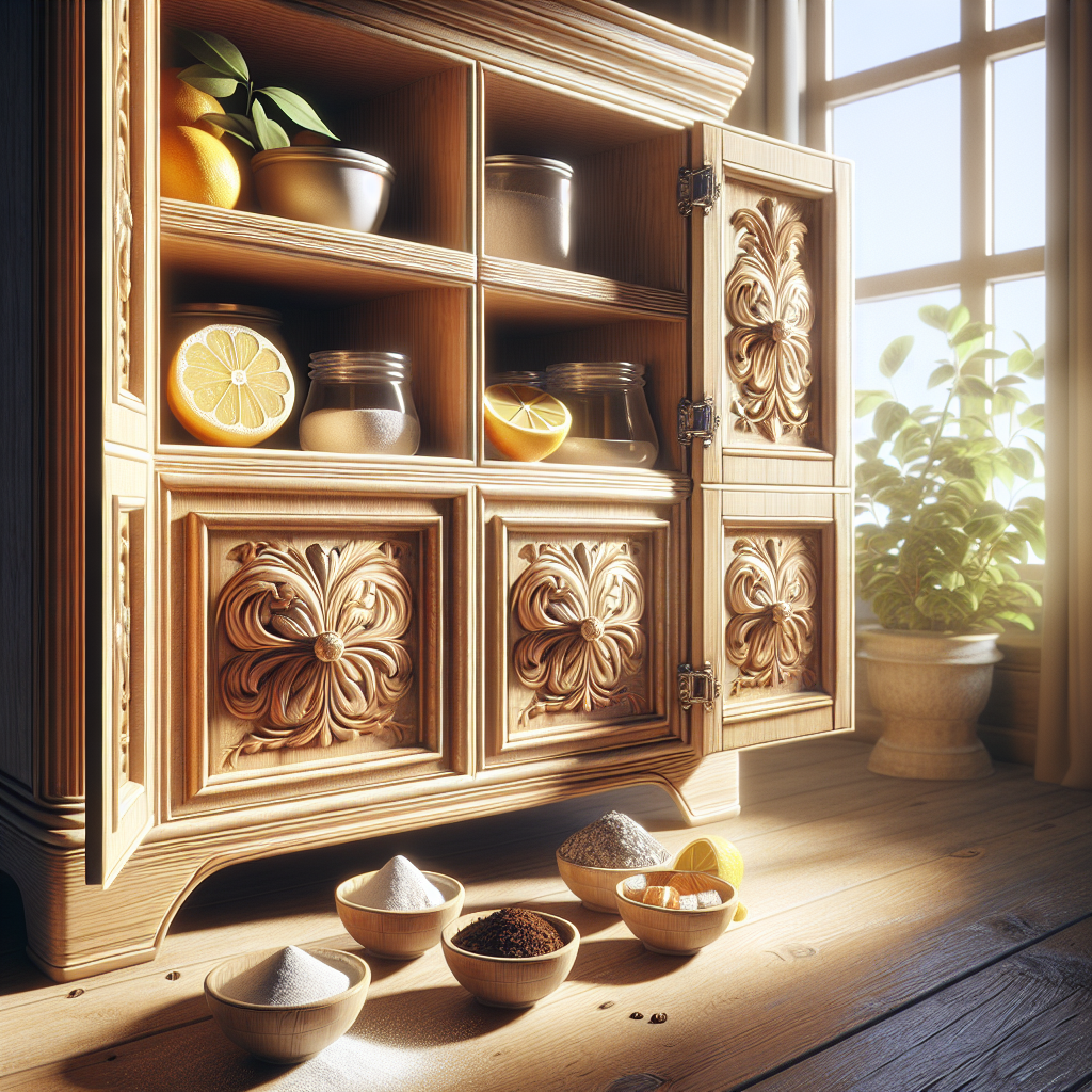 A beautifully clean and freshly aired wooden cabinet with open doors, bathed in warm sunlight streaming through an open window. On its polished surface, small aesthetic bowls containing natural odor absorbers like baking soda, coffee grounds, and fresh lemon slices are neatly arranged. The scene evokes a feeling of cleanliness, natural fragrance, and a renewed atmosphere. Bright, inviting, realistic photo.