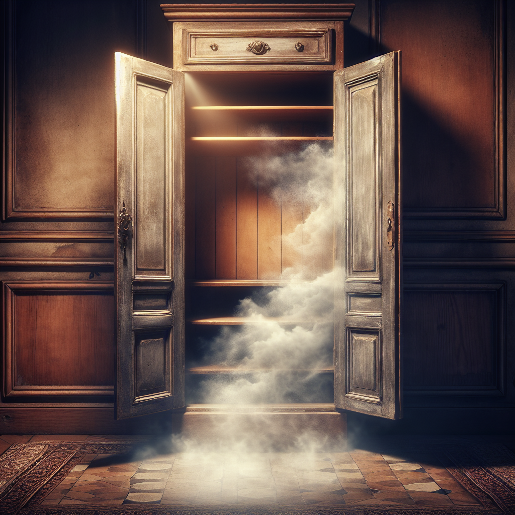 A vintage wooden wardrobe, slightly ajar, with a subtle, ethereal visual representation of a musty, unpleasant odor emanating from within. The scene is dimly lit, emphasizing the old and stale atmosphere. Realistic photo, atmospheric.