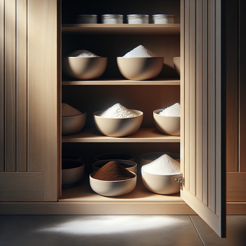 A brightly lit, clean wooden wardrobe, its doors slightly ajar, revealing small ceramic bowls filled with white baking soda powder and dark coffee grounds placed neatly inside. The scene conveys freshness and cleanliness, with soft, natural light illuminating the interior. Realistic photo.