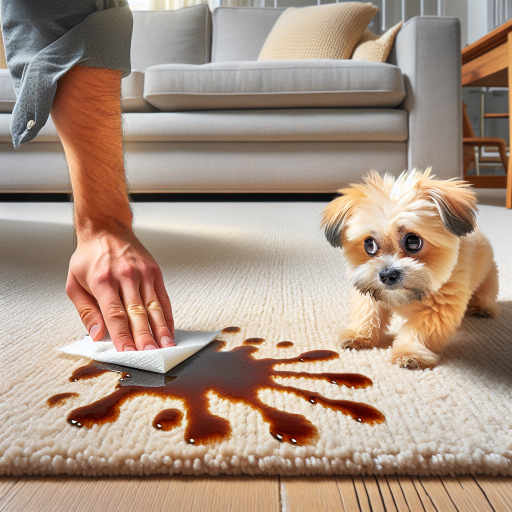 A small dog, looking slightly guilty, next to a fresh wet stain on a light-colored living room carpet. A human hand quickly blotting the stain with white paper towels. The scene should convey a sense of urgency and the initial messy situation, with natural lighting.