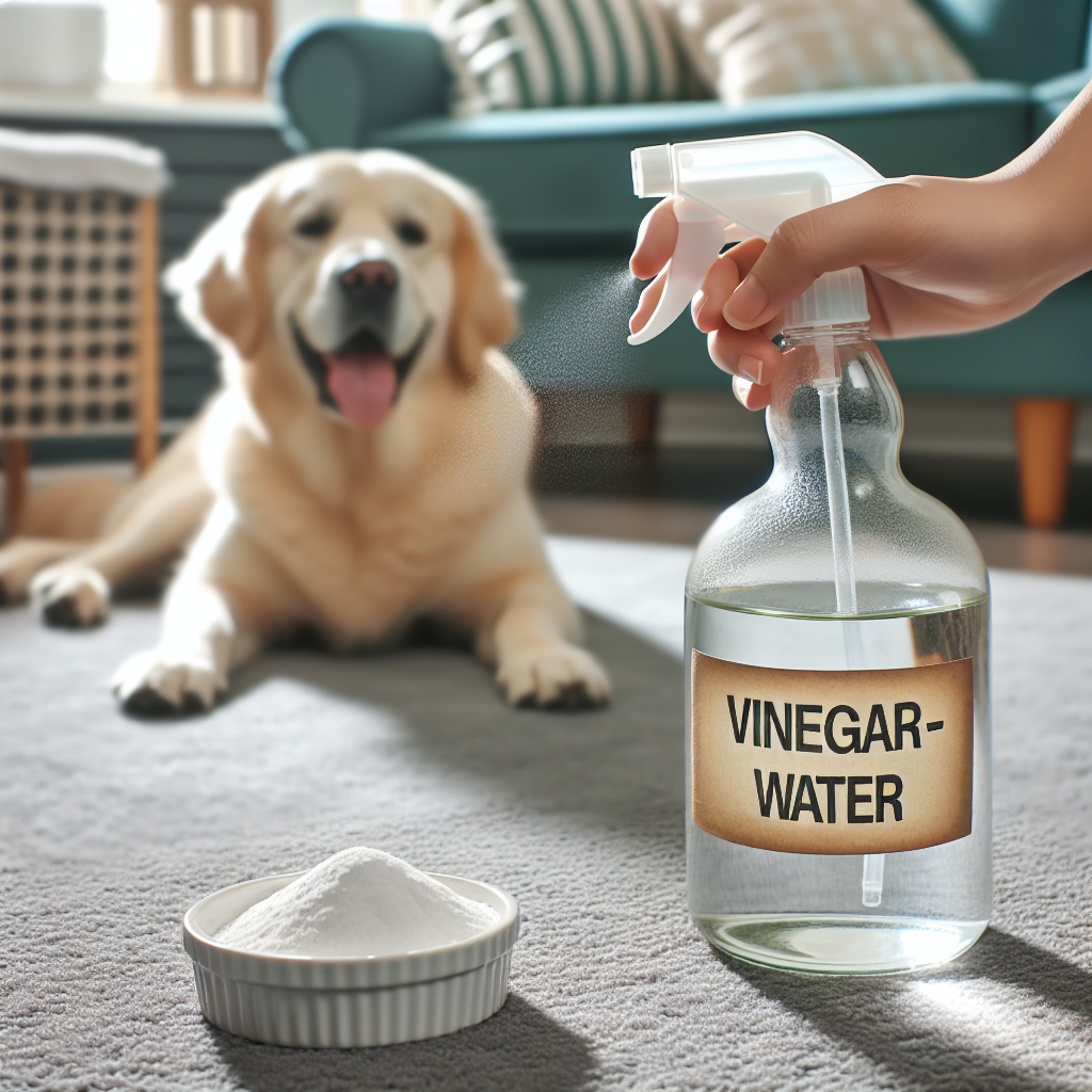 A bright, clean indoor scene featuring common household remedies for pet odor. A clear glass spray bottle labeled 'Essig-Wasser' (Vinegar-Water) being used on a carpet, with a small bowl of baking soda nearby. The environment should look fresh and inviting, with a sense of cleanliness and effectiveness, perhaps a happy, relaxed dog visible in the background.