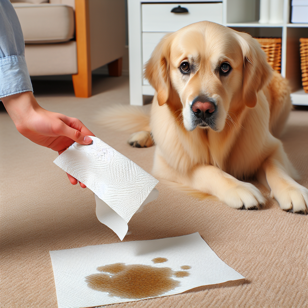 A cute golden retriever dog looking slightly guilty next to a small, fresh wet spot (implied dog urine) on a light beige carpet. A human hand quickly reaches into the frame with a stack of white paper towels, ready to blot the stain. The scene is well-lit and clean, conveying urgency and immediate action.