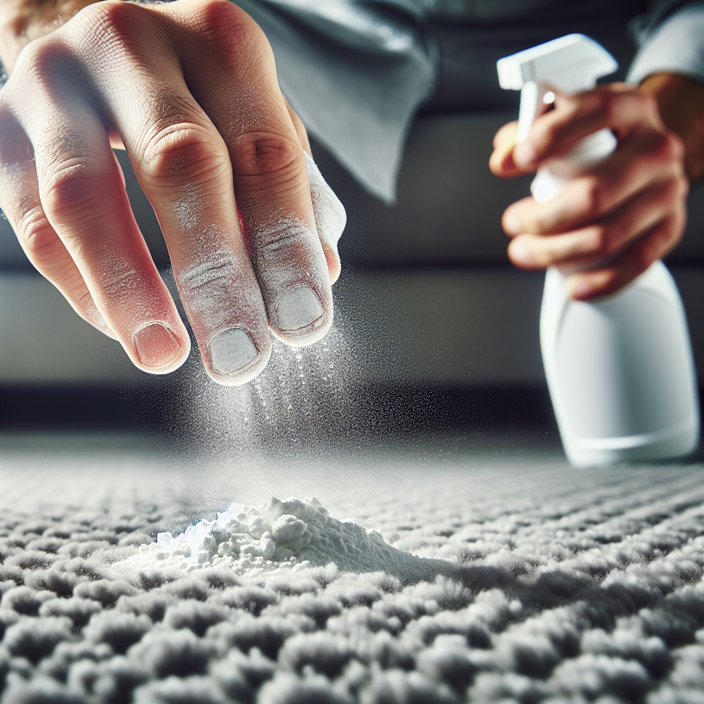 A close-up shot of a human hand sprinkling a generous amount of white powder (baking soda) onto a slightly discolored area of a textured grey carpet. In the soft-focus background, a generic spray bottle, suggesting a vinegar solution, is visible. The lighting is bright and clean, emphasizing the cleaning process.