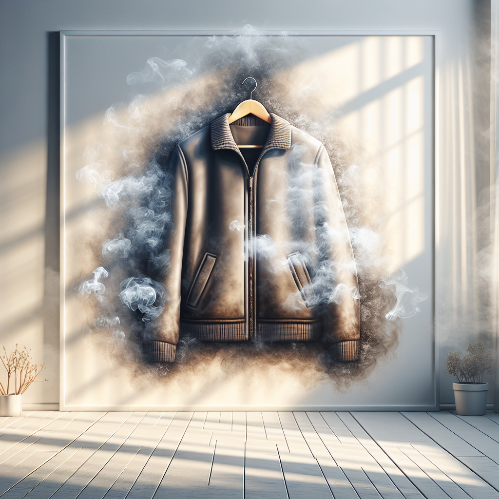 A cozy jacket, hanging, with a subtle, almost visible cloud of unpleasant odor (like stale smoke or mustiness) emanating from it, creating a visual contrast with a crisp, clean background and a hint of fresh air and sunlight entering the scene. Realistic style, high detail.