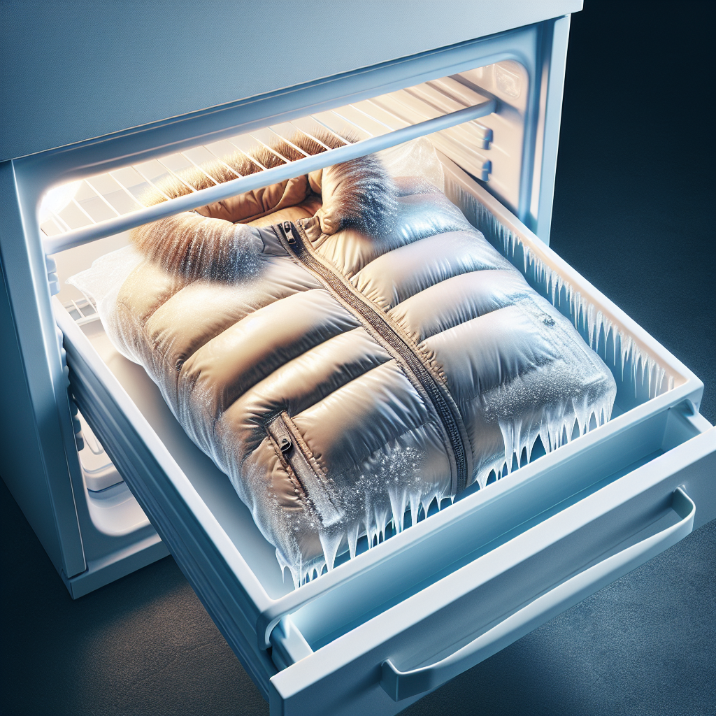 A puffy winter jacket, neatly folded and sealed inside a transparent plastic bag, placed inside a brightly lit, frosty freezer drawer. Ice crystals are visible on the bag and surrounding surfaces, emphasizing the intense cold. The image should convey a clean, effective, and slightly unusual method for removing odors. Realistic style, clear focus.