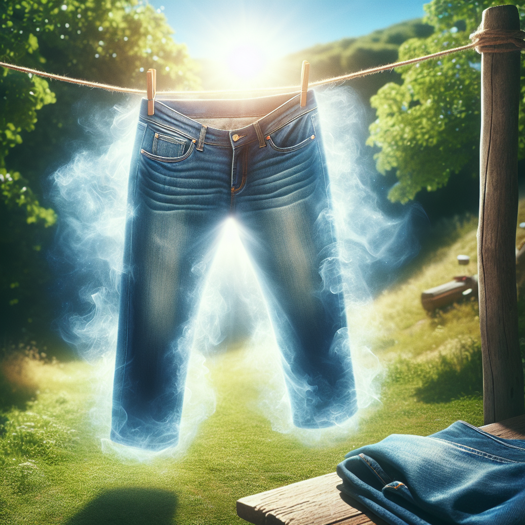 A pair of classic blue denim jeans hanging outside on a rustic clothesline, gently swaying in a soft breeze under a bright, warm sun. Sunlight bathes the fabric, and a subtle, almost invisible ethereal vapor or light emanates from the jeans, symbolizing the refreshing and natural removal of unpleasant odors. The background shows blurred greenery or a clear sky, conveying a sense of fresh air and nature. Focus on natural light and a clean, revitalized feeling.