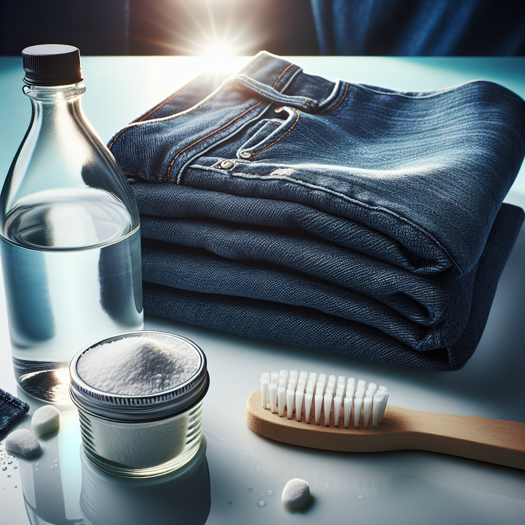 A close-up shot of a neatly folded pair of dark blue denim jeans, showcasing the fabric's texture and natural folds. A small, stylized bottle of white vinegar and a small container of baking soda are subtly placed nearby on a clean, bright surface, hinting at natural home remedies. The scene is bright and clean, emphasizing the effectiveness of simple methods for achieving fresh, odor-free jeans. Studio lighting, minimalist aesthetic.