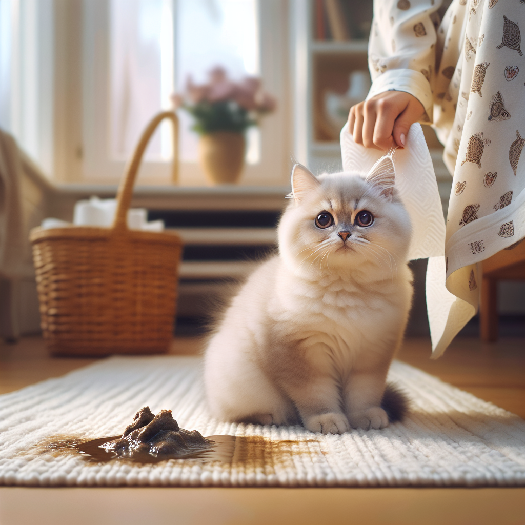 A cozy, clean home interior bathed in soft, natural light. A fluffy, domestic short-haired cat sits innocently on a light-colored rug. Next to the cat, there's a subtle, slightly damp-looking spot on the rug, hinting at a recent urine accident without being graphic. A human hand holding a cleaning cloth or paper towel is visible in the background, looking slightly dismayed. Realistic photograph, clean aesthetic.